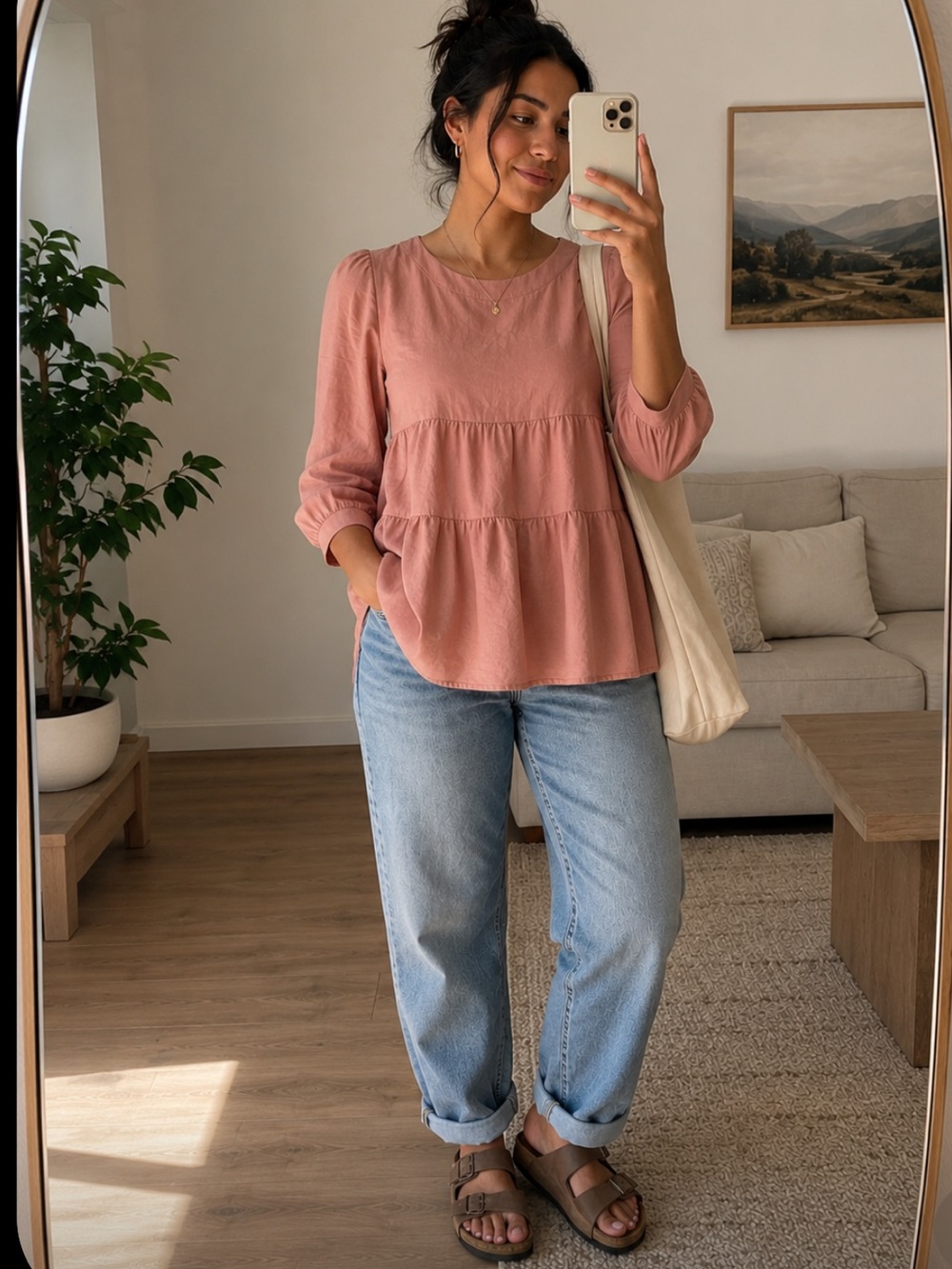 NOFLIK Linen Blend Tunic Top Blush Pink Size Large Relaxed Flowy Cottagecore